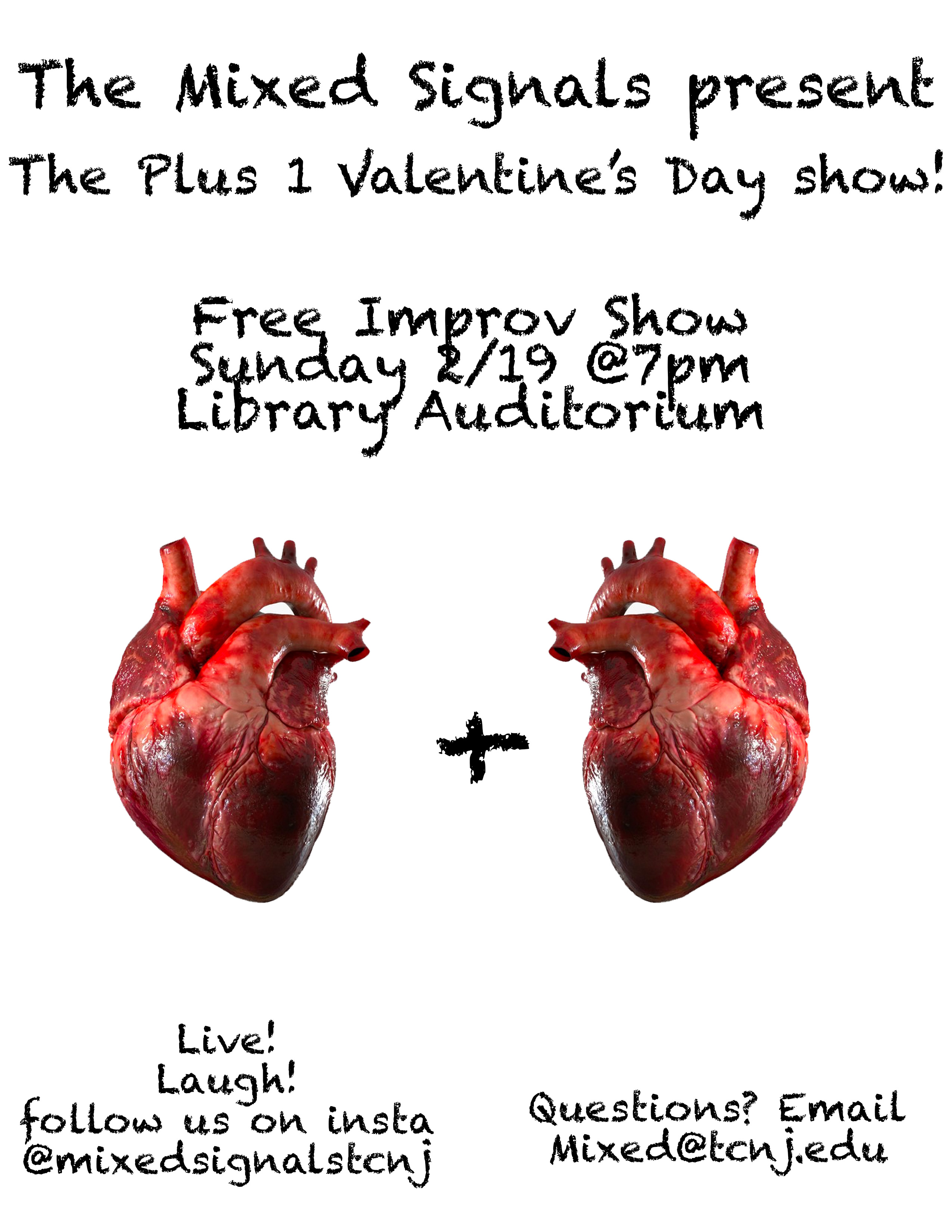 Mixed Signals improv  plus one show poster, heart plus heart